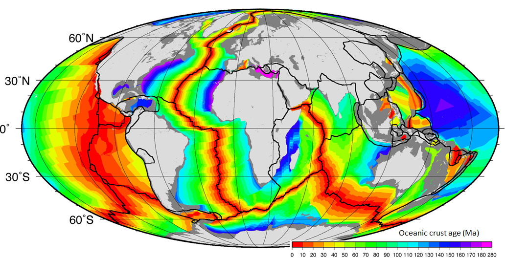 Figure 18.7 The age of the oceanic crust [SE after NOAA at http://www.ngdc.noaa.gov/mgg/ocean_age/data/2008/image/age_oceanic_lith.jpg]