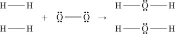 \begin{matrix} \chemfig{H-H}&&&&\chemfig{H-\Lewis{2:6:,O}-H} \\ &+&\chemfig{\Lewis{2:6:,O}=\Lewis{2:6:,O}}&\rightarrow& \\ \chemfig{H-H}&&&&\chemfig{H-\Lewis{2:6:,O}-H} \\ \end{matrix}