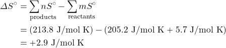 \begin{align*} \Delta S^{\circ}&=\underset{\text{products}}{\sum nS^{\circ}}-\underset{\text{reactants}}{\sum mS^{\circ}} \\ &=(213.8\text{ J/mol K})-(205.2\text{ J/mol K}+ 5.7\text{ J/mol K}) \\ &=+2.9\text{ J/mol K} \end{align*}