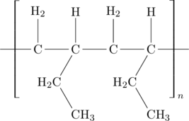 \chemfig{-[@{left,0.5}]C(-[:90]H_2)-C(-[:90]H)(-[:-120]H_2C-[:-60]CH_3)-C(-[:90]H_2)-C(-[:90]H)(-[:-120]H_2C-[:-60]CH_3)-[@{right, 0.5}]} \polymerdelim[delimiters={[]}, height=40 pt]{left}{right}